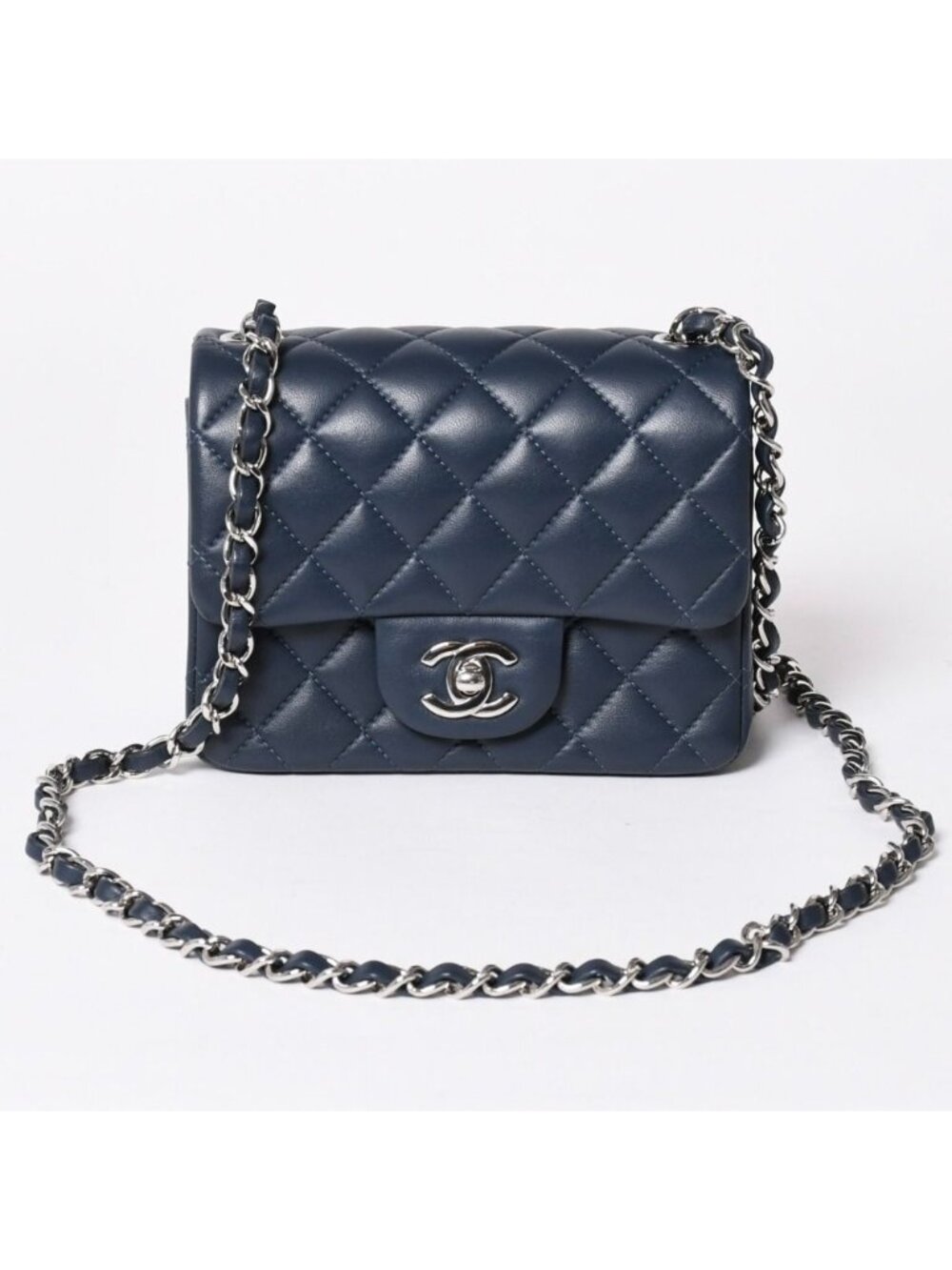 Chanel Mini Quilted 17 S Flap S Chain Shoulder Bag CC Logo Lambskin Blue Silver